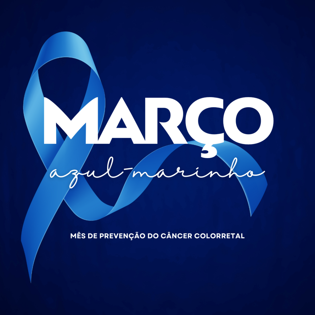Imagem ilustrativa da campanha Março Azul-Marinho: laço azul com o texto ‘Mês de prevenção do câncer colorretal’